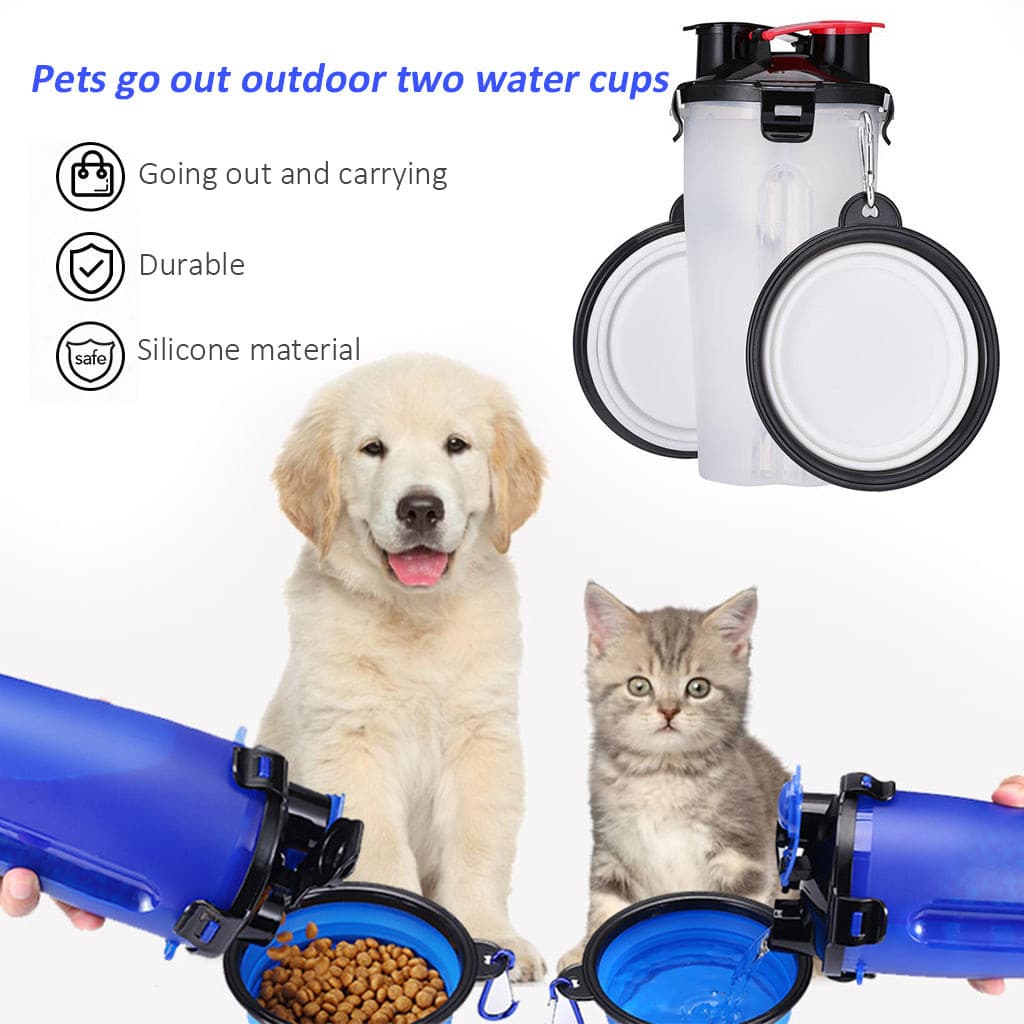 Portable Travel Dog Water Bottle and Food Container with ( 2 ) Collapsible Bowls.