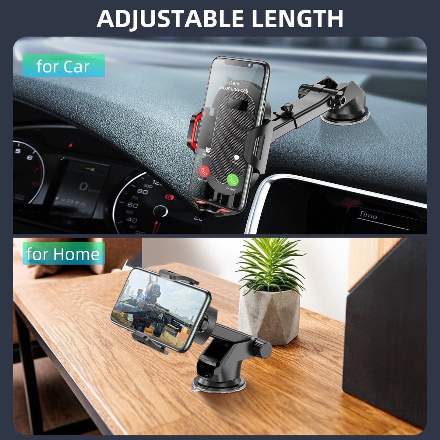 Car Phone Holder Adjustable Length | Nano Suction Base | 360 Adjusting | ABS Construction.
