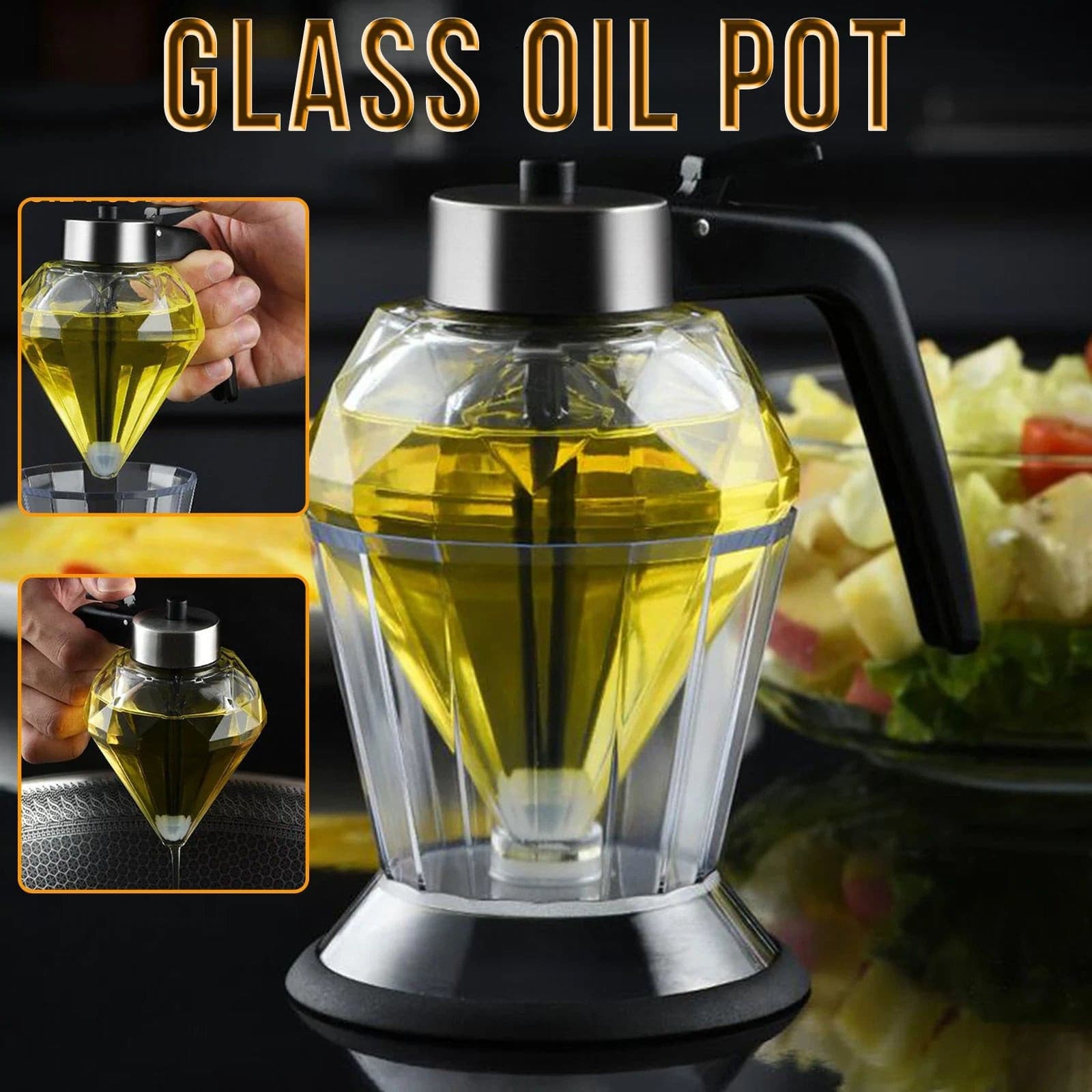 Improved - Dripless  Syrup Glass Food Dispenser with Stainless Steel Top | Beautiful Glass Diamond Design with Stand.