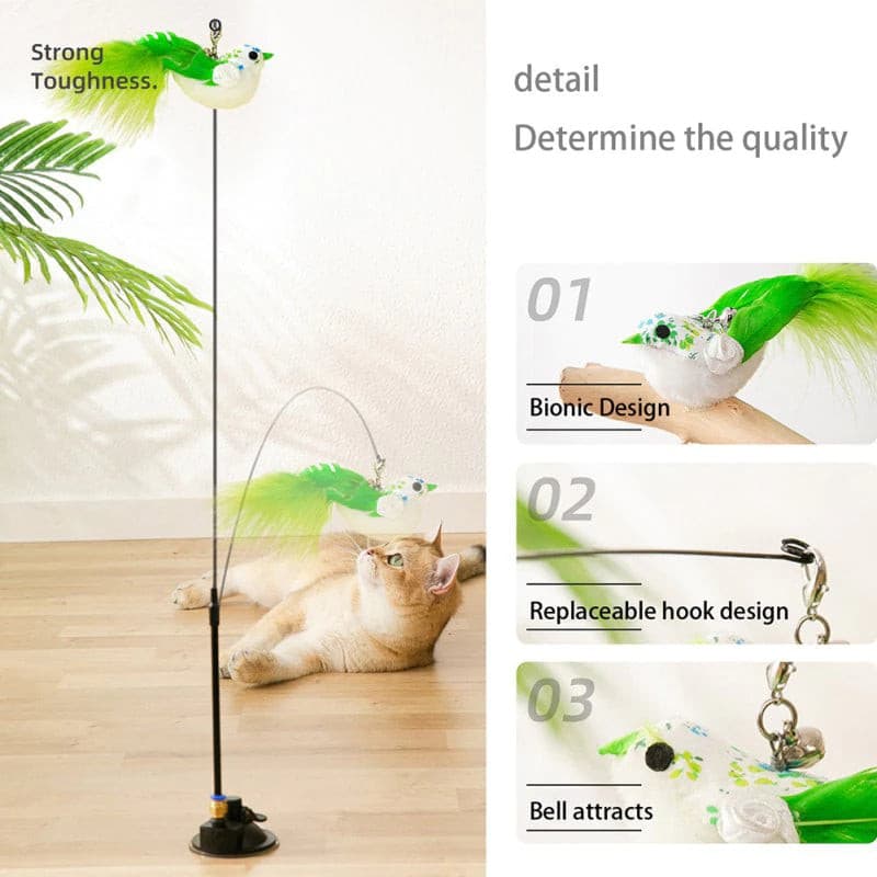 Cat Fun Stick with Suction Base | Feathered Bird with Bell | Relieves Boredom and anxiety.